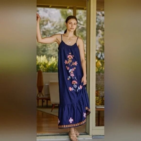 Anthropologie Womens Dress Size Large Blue Malika Maxi Applique Embroidered - Picture 7 of 8